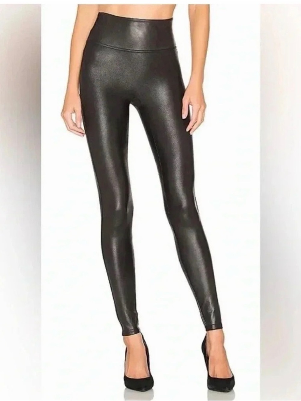 SPANX High-Waist Shiny Faux Leather Leggings - Black - Size Small Tall